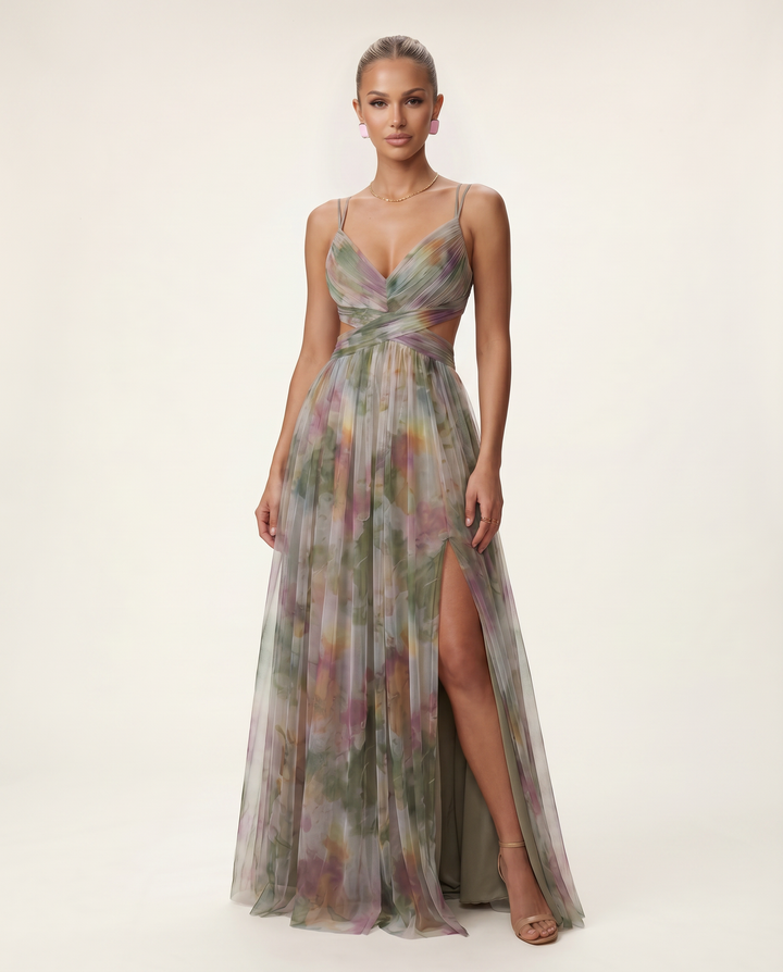 Colby | Maxi Dress with Watercolour Floral Print and Pleats