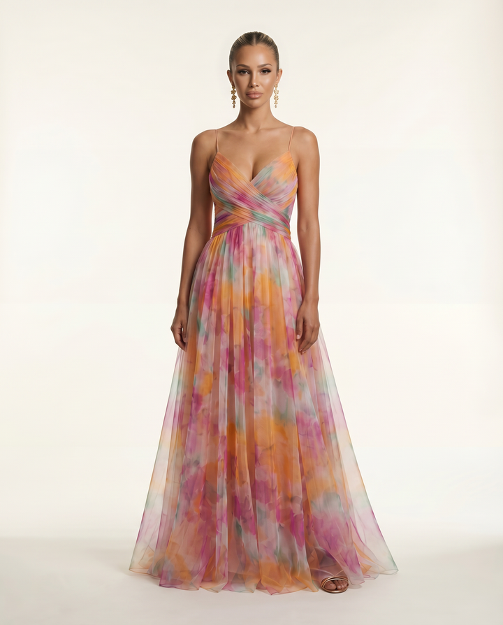 Colby | Maxi Dress with Watercolour Floral Print and Pleats
