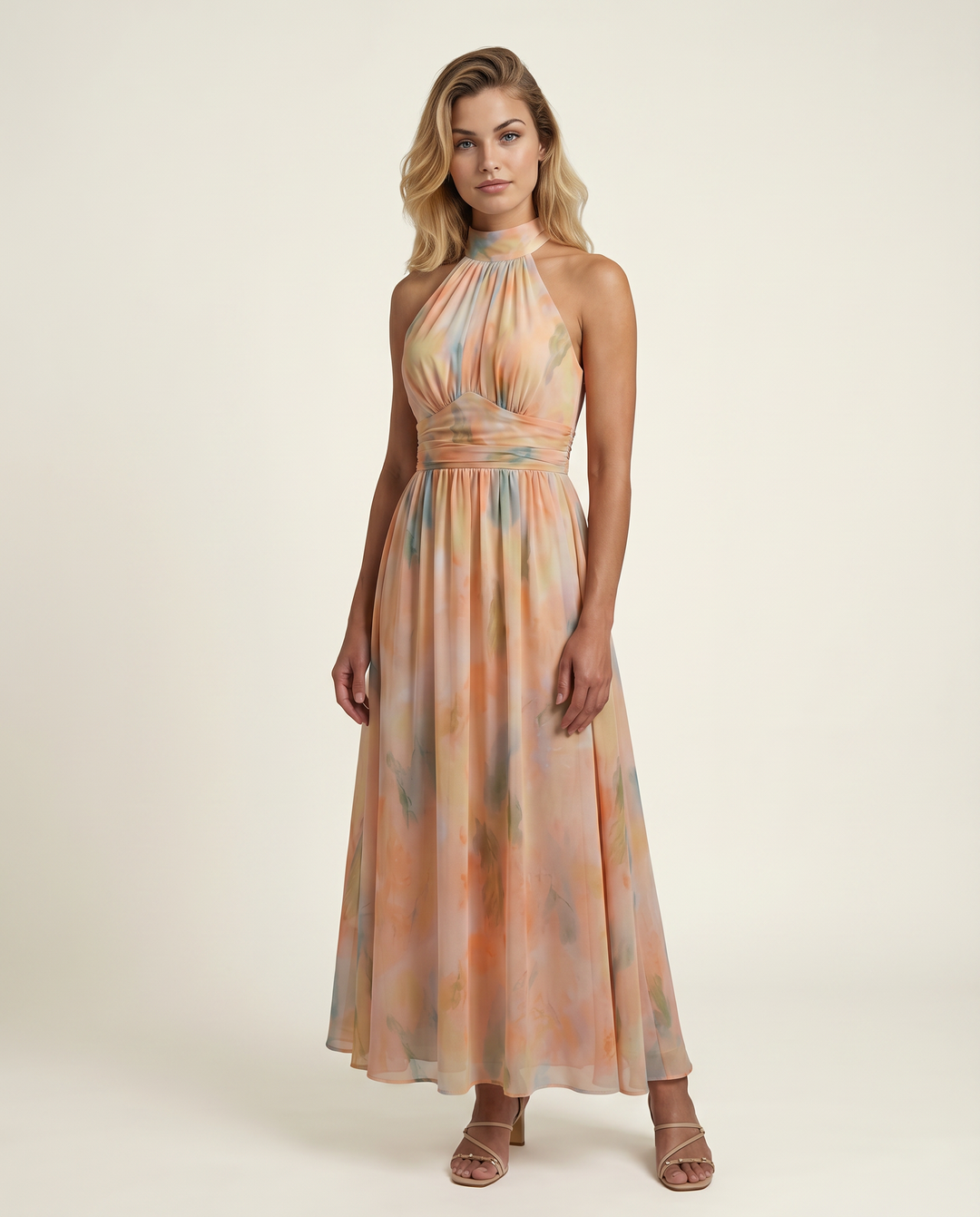 Felecia | Maxi Dress with Watercolour Print and Halter Neck
