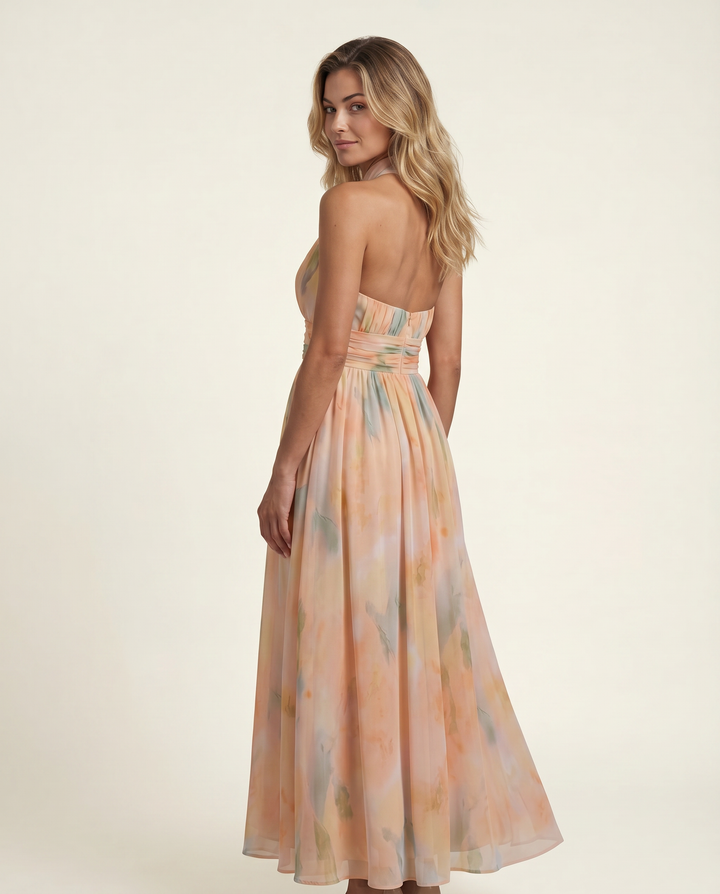 Felecia | Maxi Dress with Watercolour Print and Halter Neck