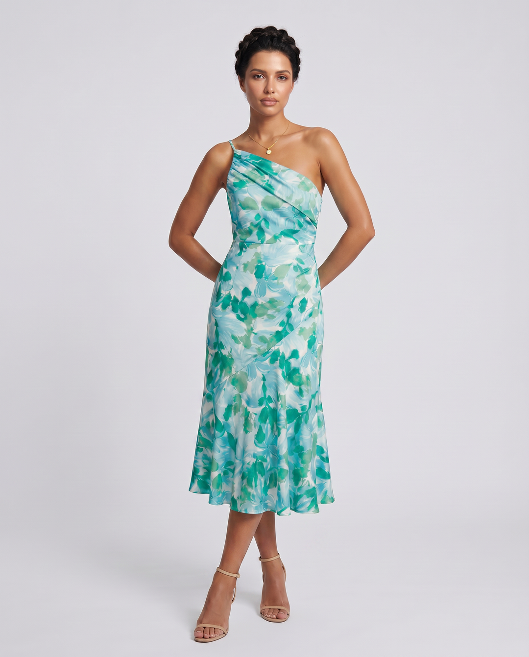 Nerissa | Midi Dress with One-Shoulder Floral Print