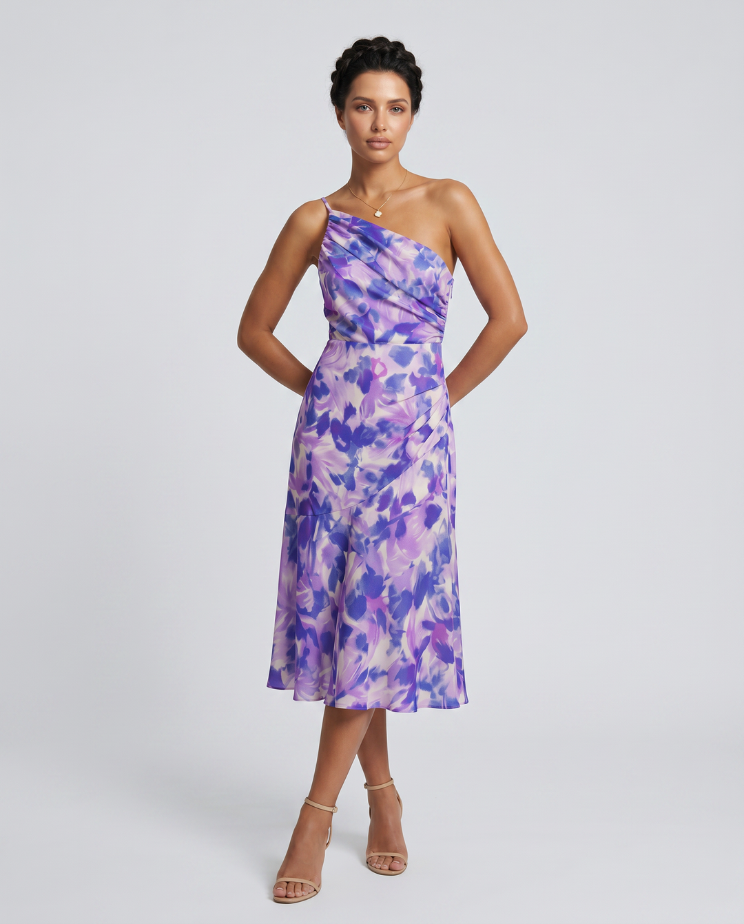 Nerissa | Midi Dress with One-Shoulder Floral Print