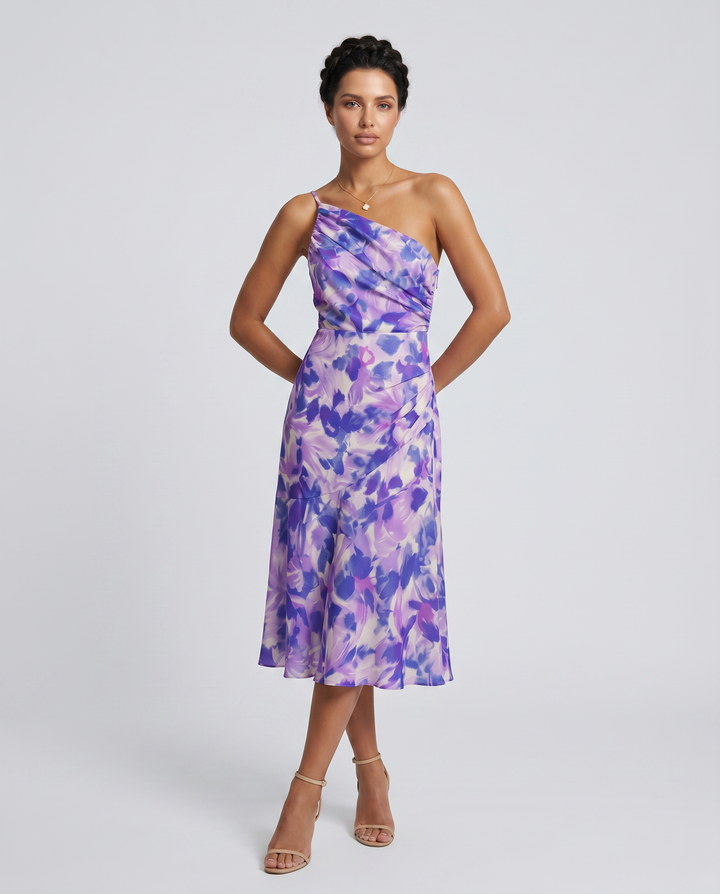Nerissa | Midi Dress with One-Shoulder Floral Print