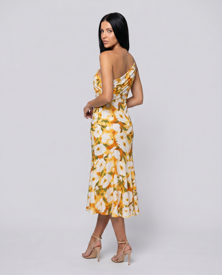 Nerissa | Midi Dress with One-Shoulder Floral Print
