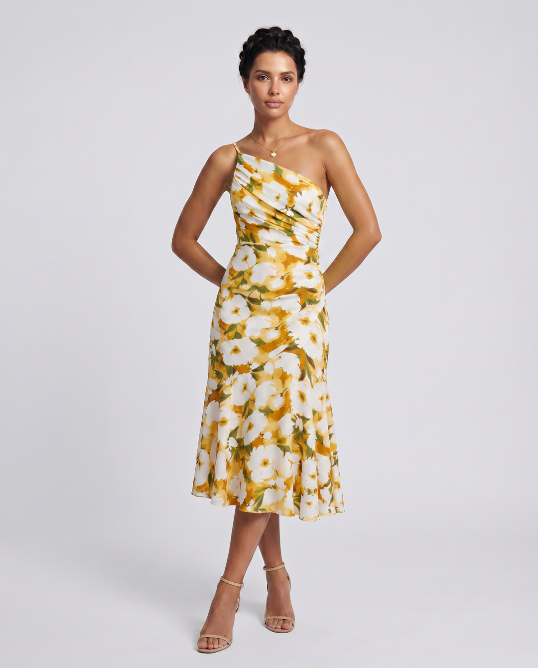 Nerissa | Midi Dress with One-Shoulder Floral Print