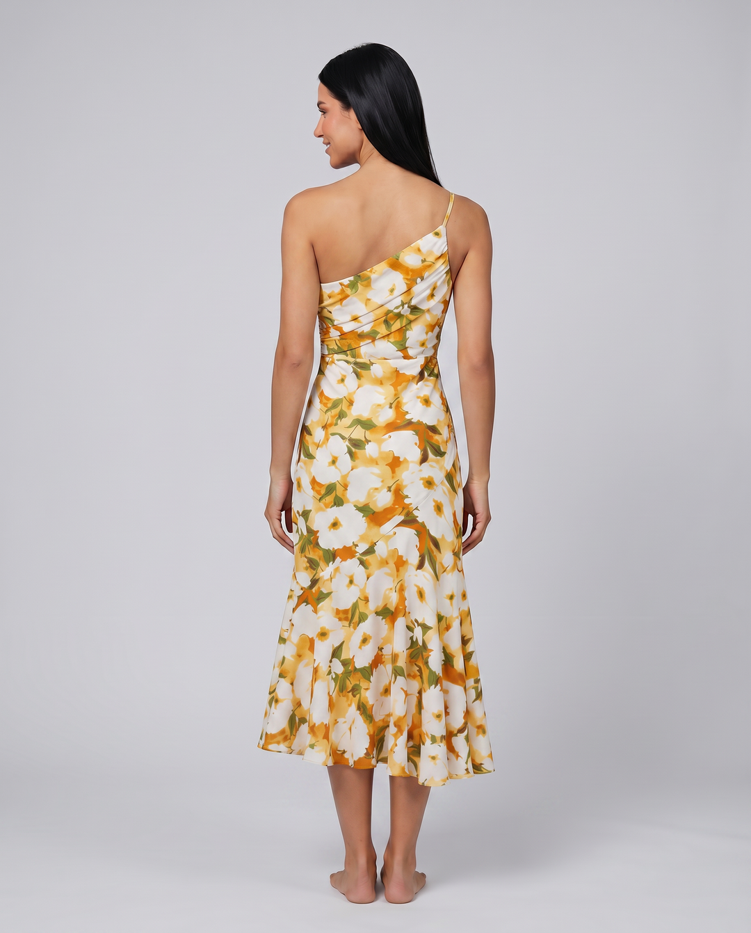 Nerissa | Midi Dress with One-Shoulder Floral Print