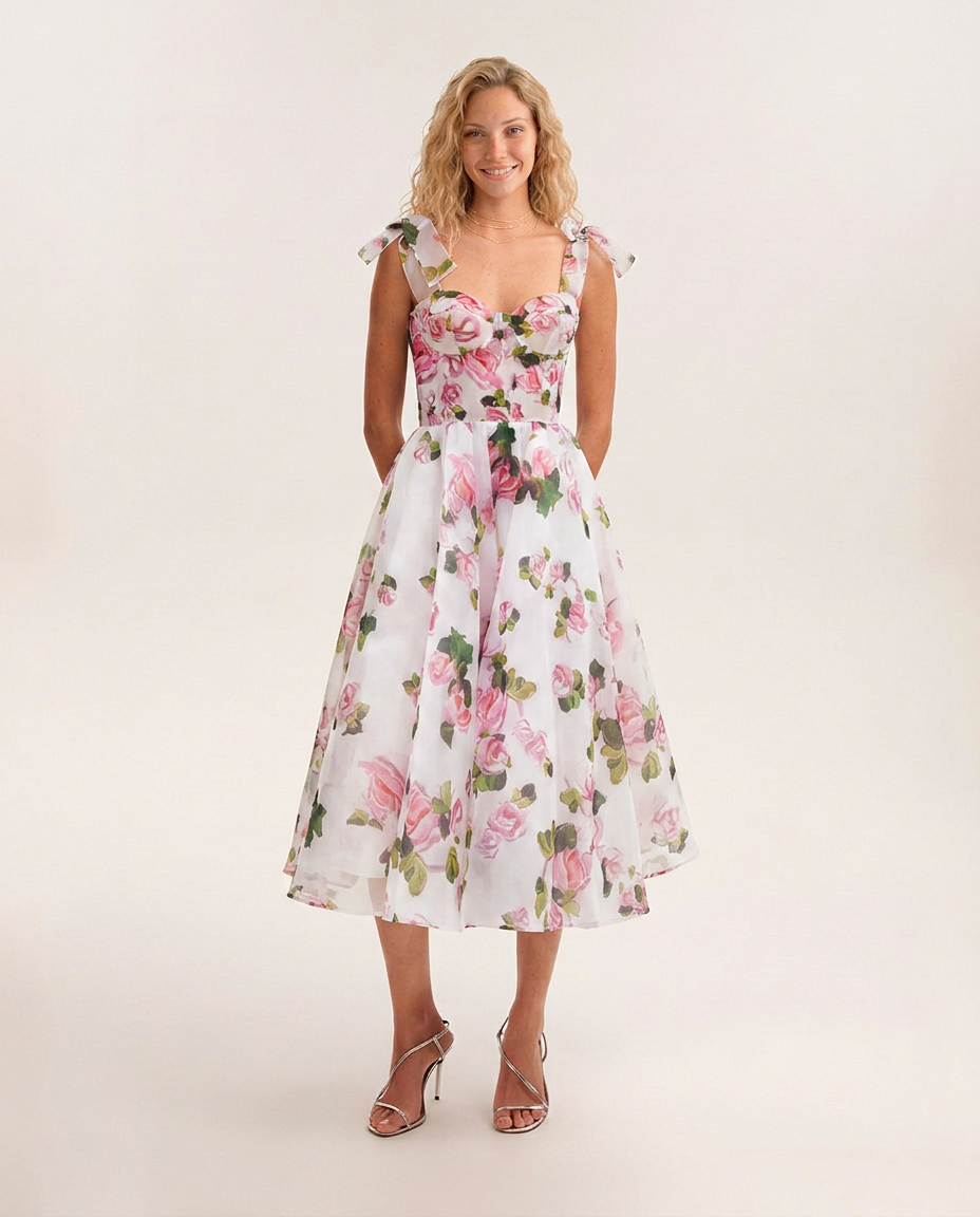 Fiora | Midi Dress with Corset Bodice and Tie Straps