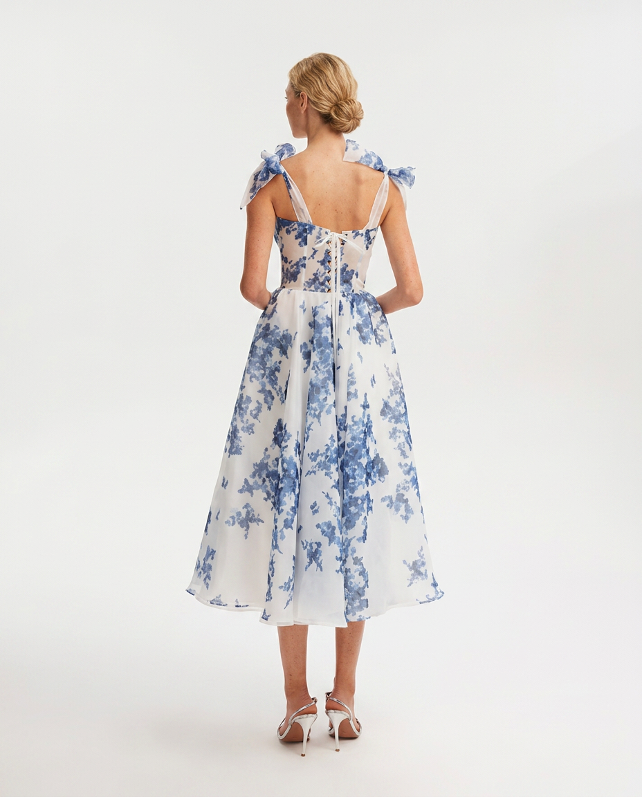Fiora | Midi Dress with Corset Bodice and Tie Straps