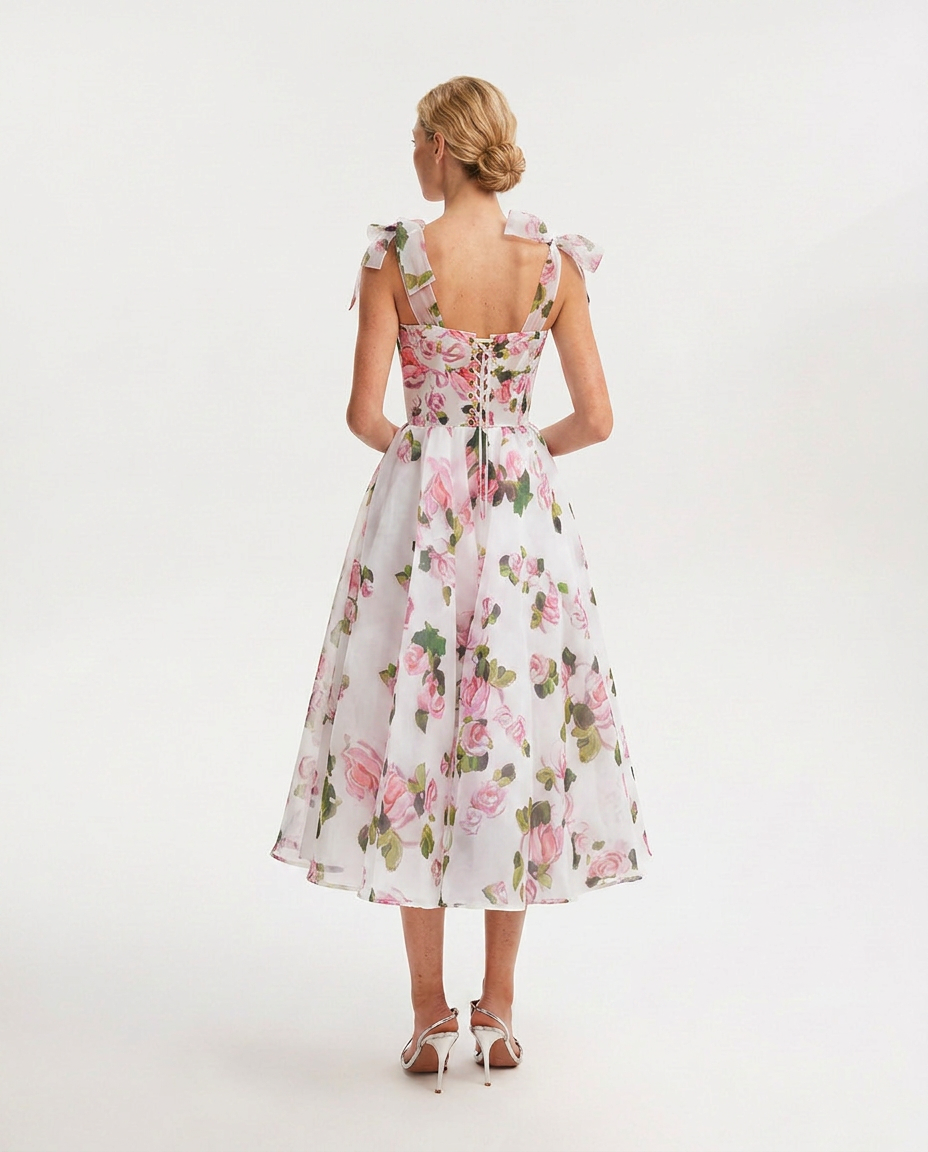 Fiora | Midi Dress with Corset Bodice and Tie Straps