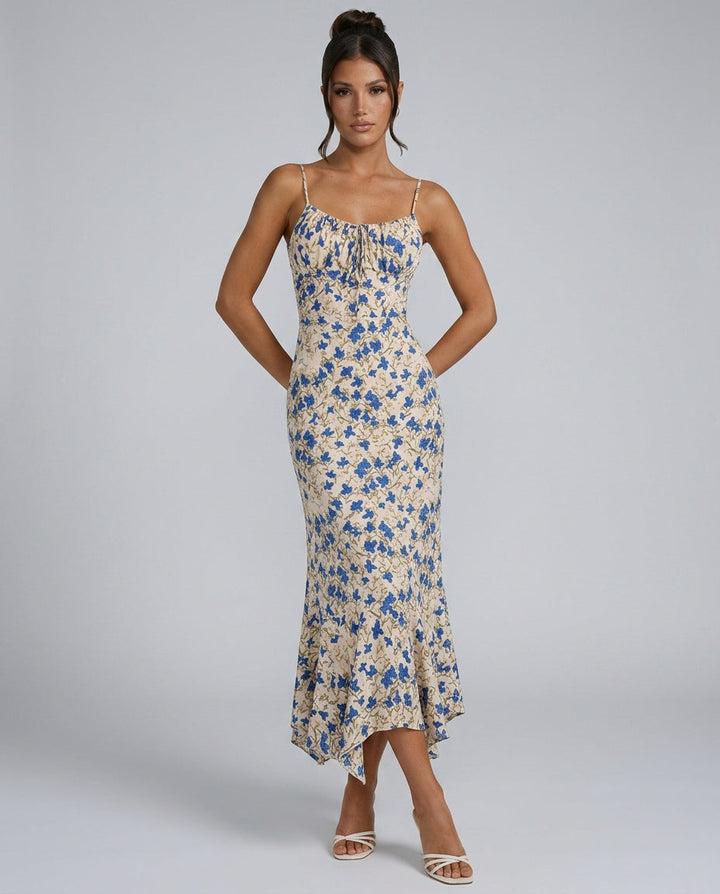 Thea | Floral Ruched Front Spaghetti Strap Maxi Dress