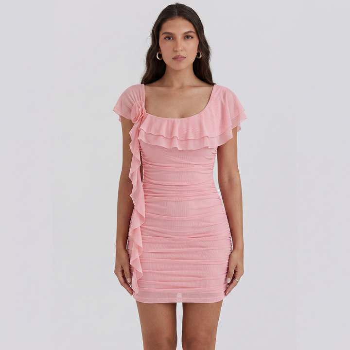 Pam | Women’s Ruched Ruffle-Trim Mini Dress with Short Sleeves