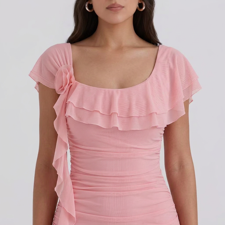Pam | Women’s Ruched Ruffle-Trim Mini Dress with Short Sleeves