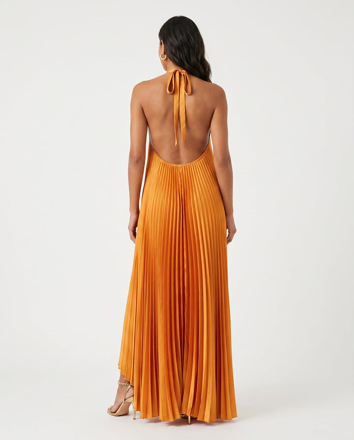 Greta | Open Back Halter Pleated Maxi Dress
