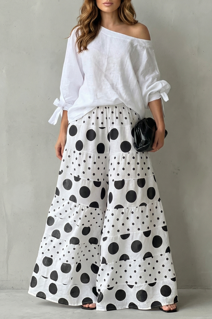Polviera | Polka Dot Off-Shoulder Wide-Leg Two-Piece Set