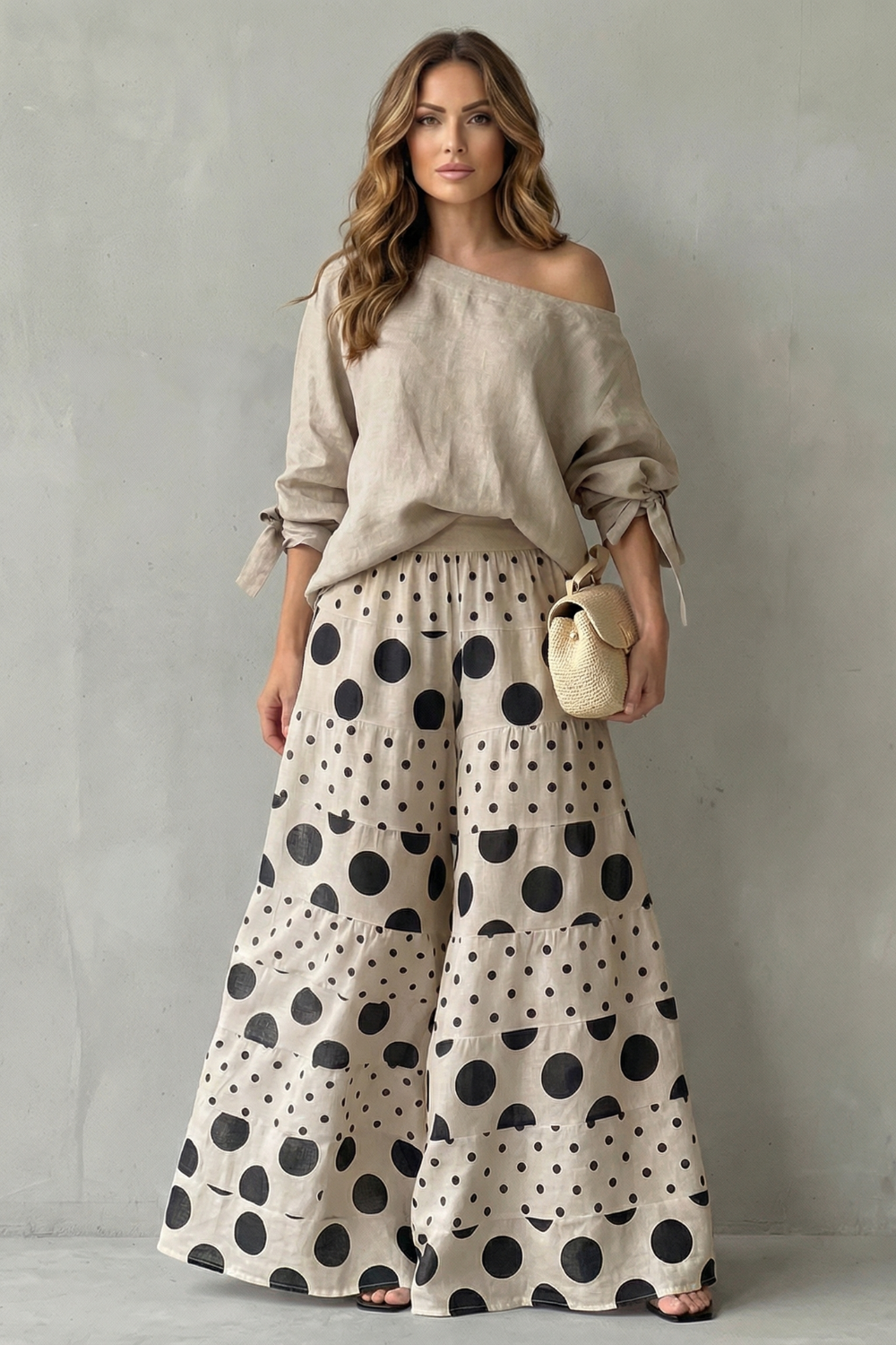 Polviera | Polka Dot Off-Shoulder Wide-Leg Two-Piece Set