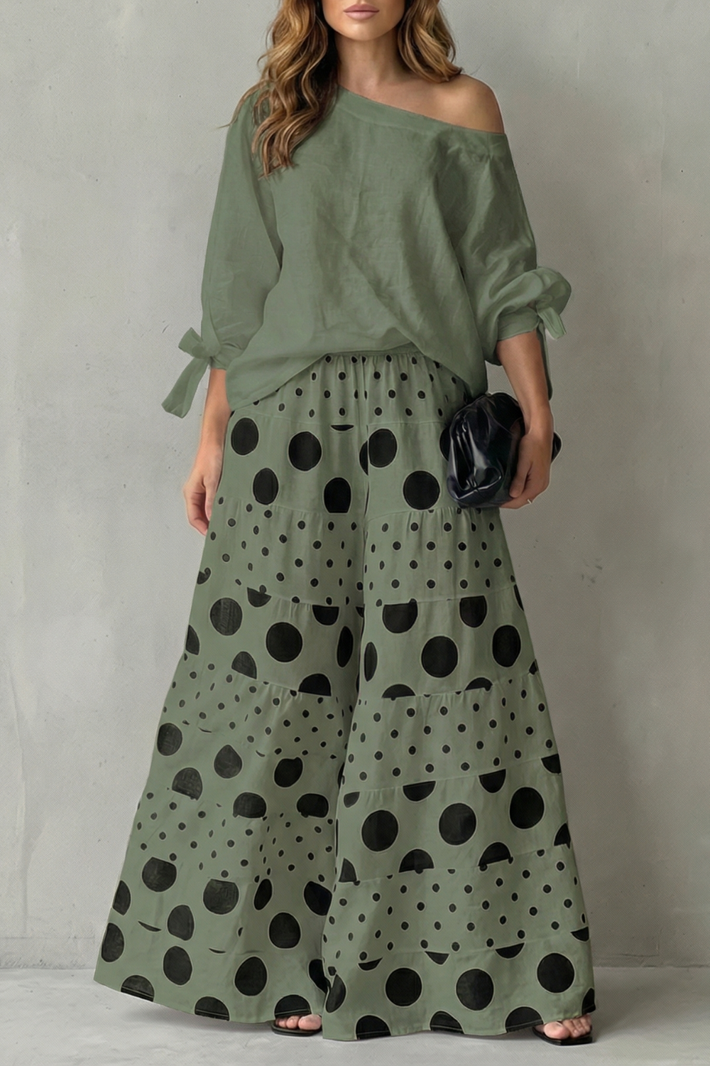 Polviera | Polka Dot Off-Shoulder Wide-Leg Two-Piece Set