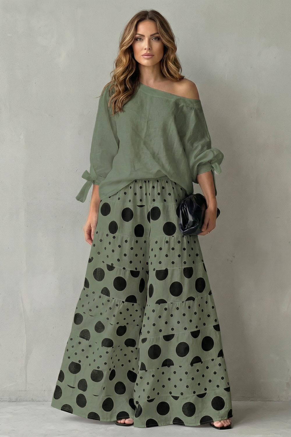 Polviera | Polka Dot Off-Shoulder Wide-Leg Two-Piece Set