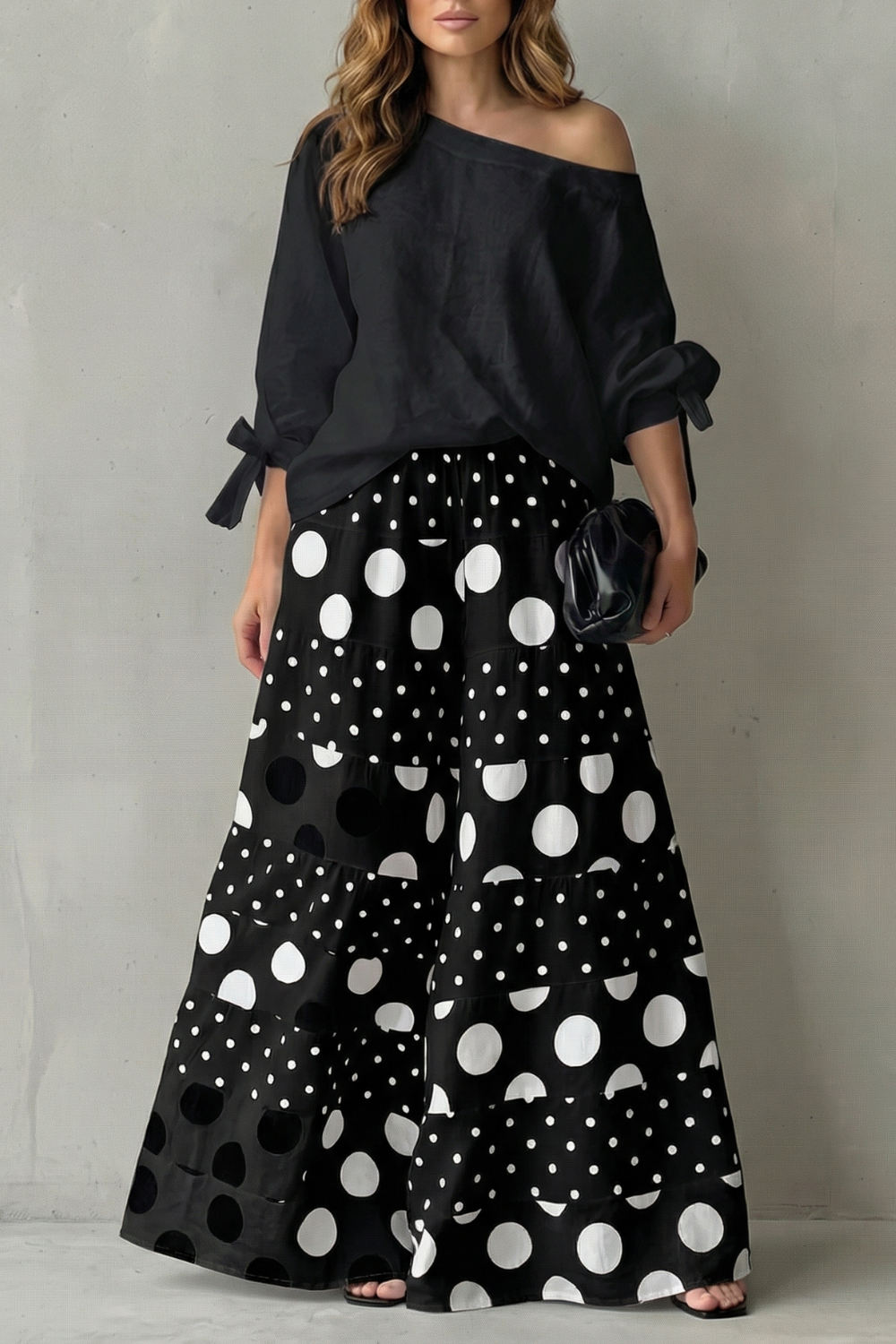 Polviera | Polka Dot Off-Shoulder Wide-Leg Two-Piece Set