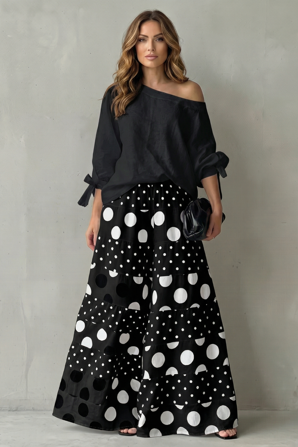 Polviera | Polka Dot Off-Shoulder Wide-Leg Two-Piece Set