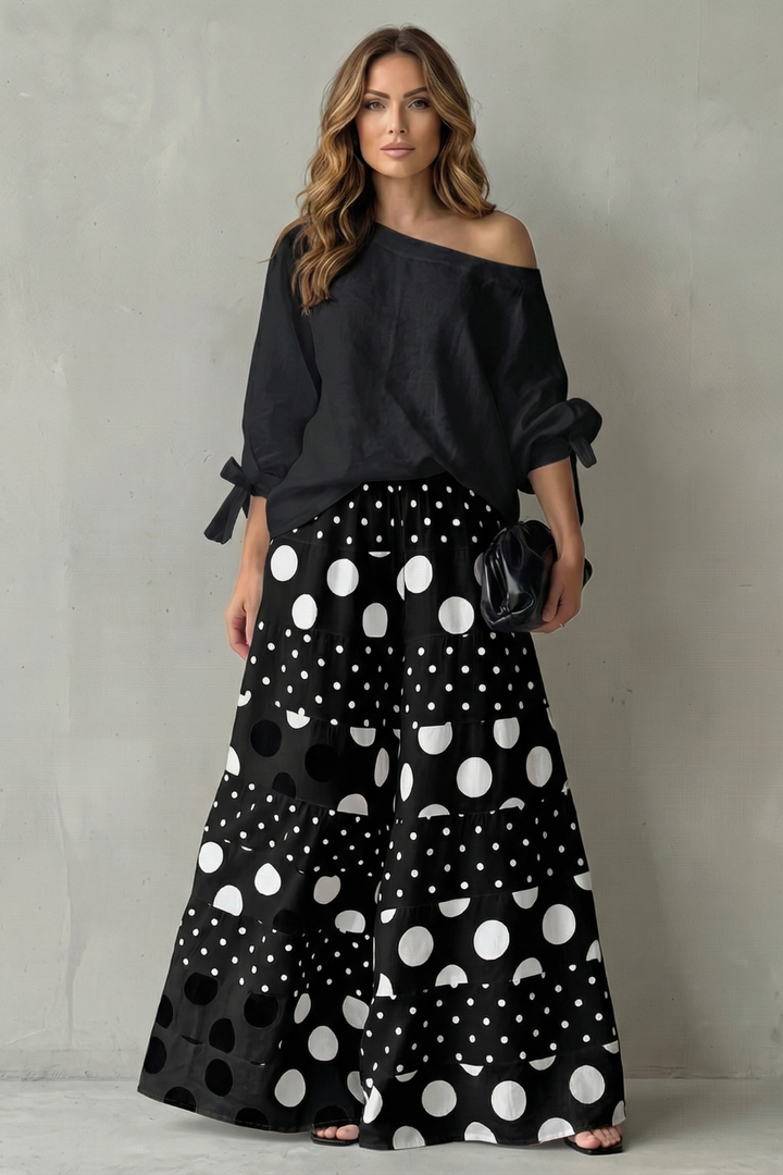 Polviera | Polka Dot Off-Shoulder Wide-Leg Two-Piece Set