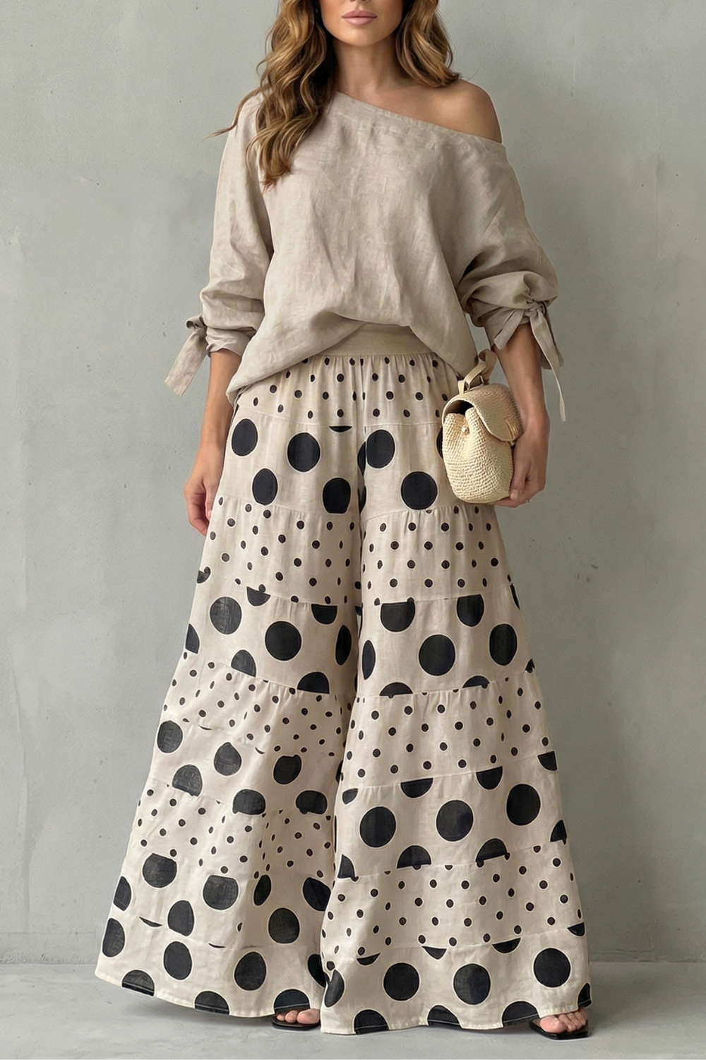 Polviera | Polka Dot Off-Shoulder Wide-Leg Two-Piece Set