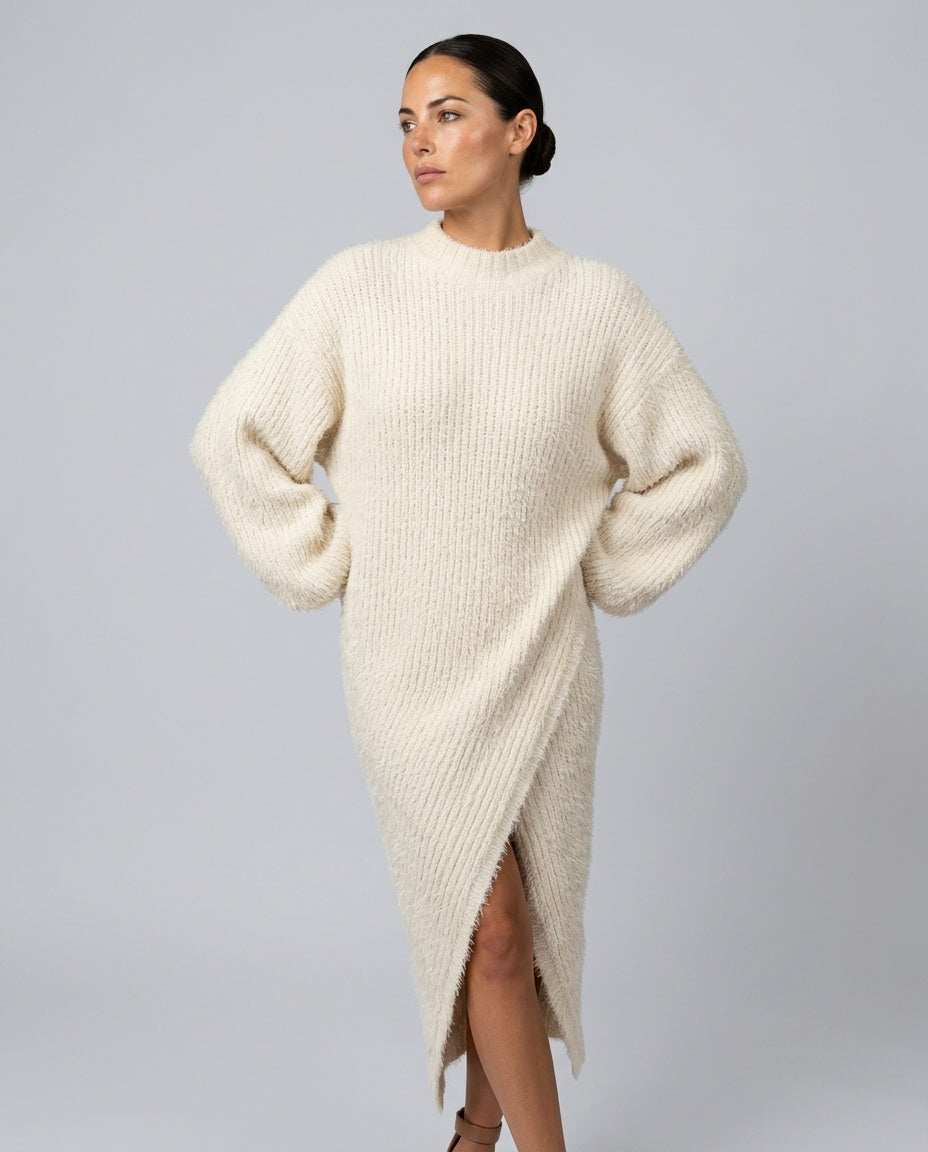 Celeste | Faux Mink Knit Asymmetric Slit Midi