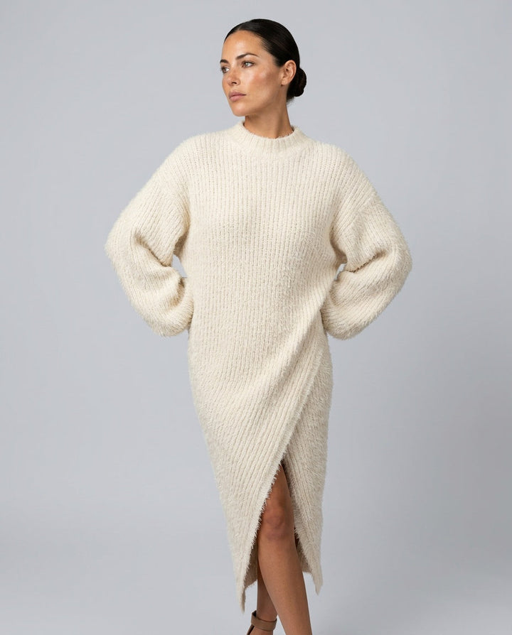 Celeste | Faux Mink Knit Asymmetric Slit Midi