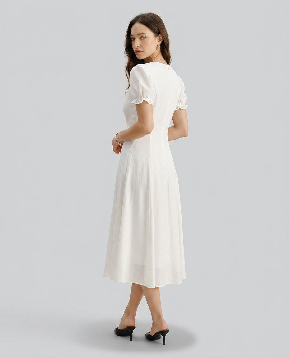 Zara | Puffed Sleeve V-Neck White Midi Dress