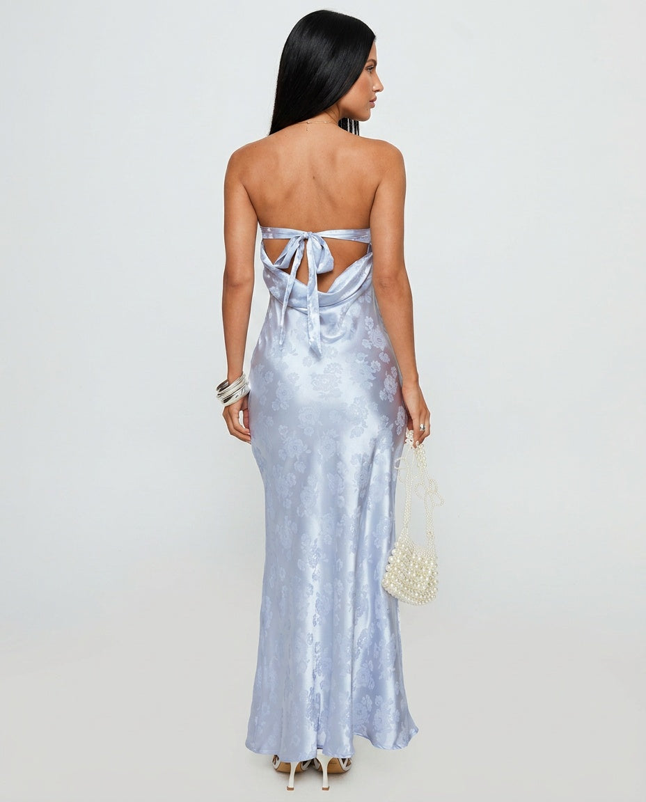 Haley | Blue Jacquard Wedding Guest Maxi Dress