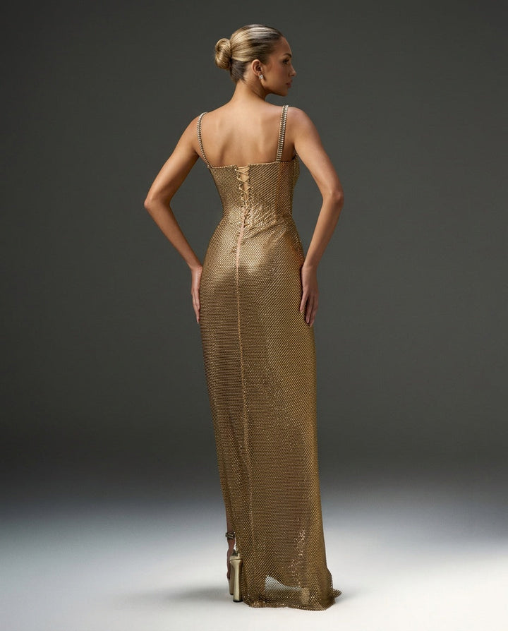 Celaine | Rhinestone Mesh Corset Ruched High Slit Maxi Dress