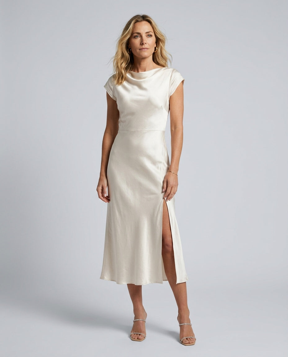 Sienna | Lace-Trim Waterfall Neck Midi Dress