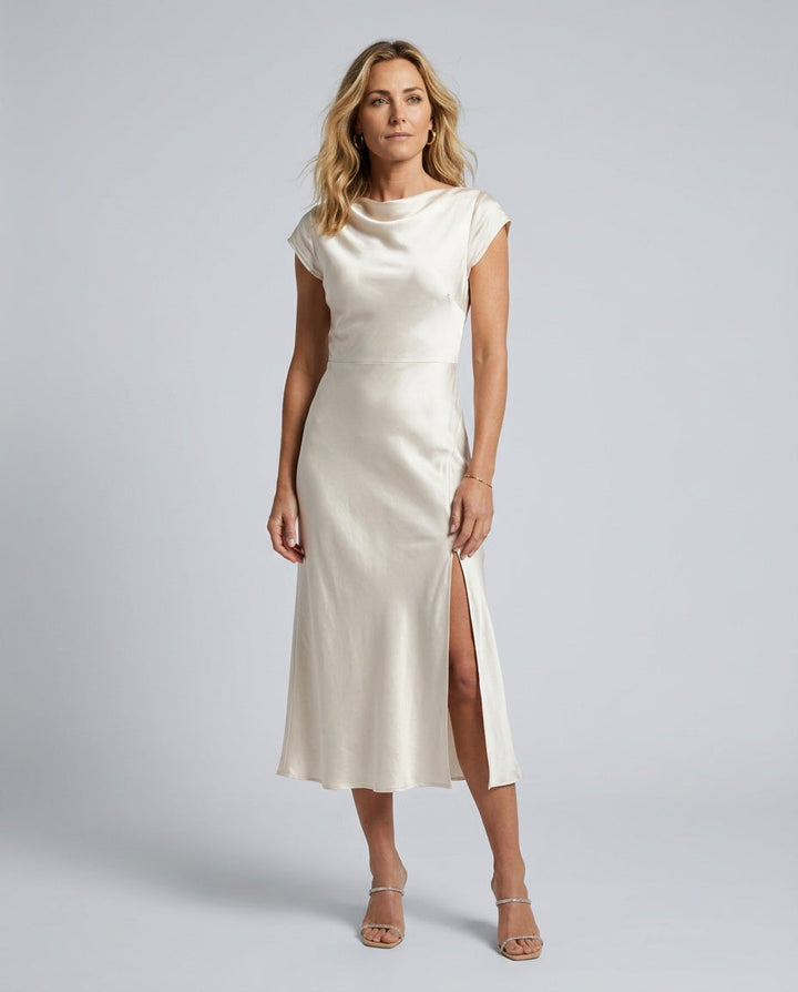 Sienna | Lace-Trim Waterfall Neck Midi Dress
