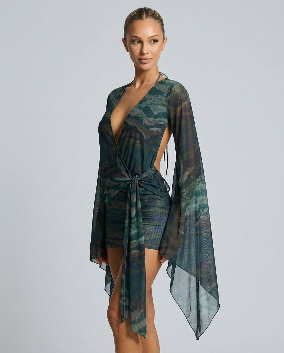 Cora | Animal Print Tie-Up Mesh Midi Dress