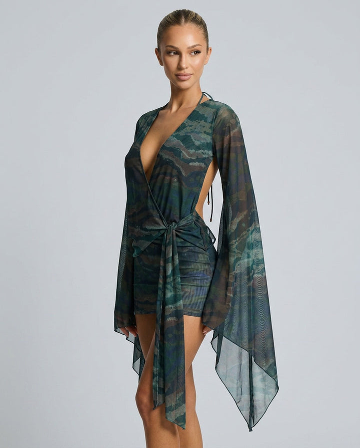 Cora | Animal Print Tie-Up Mesh Midi Dress