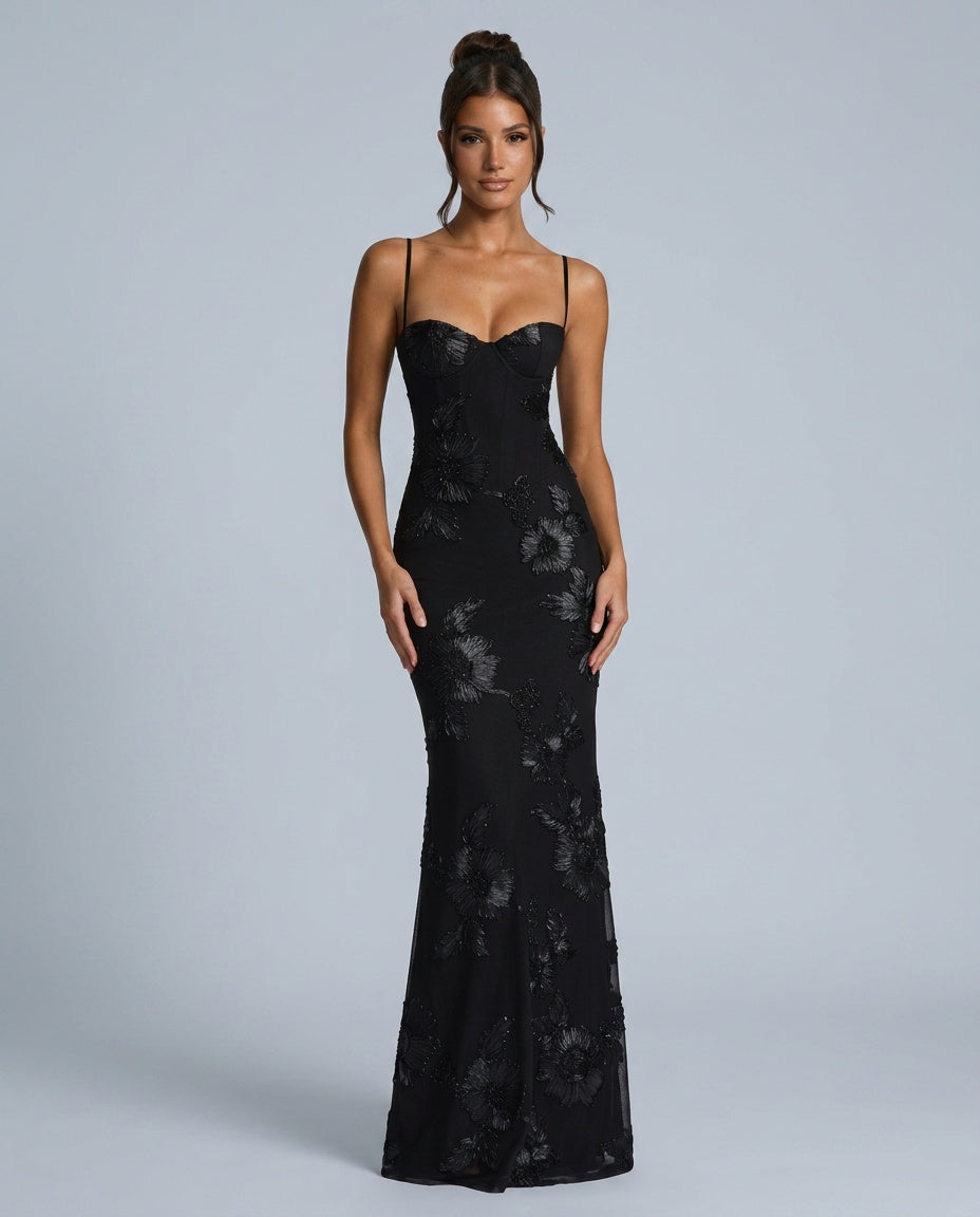 Isolène | Floral Jacquard Corset Maxi Dress