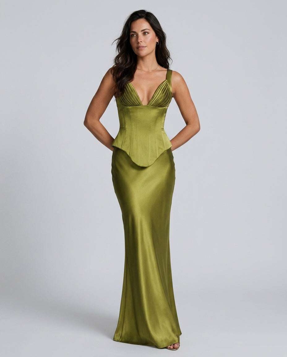Fleur | Satin Pleated V-Neck Maxi Skirt Set