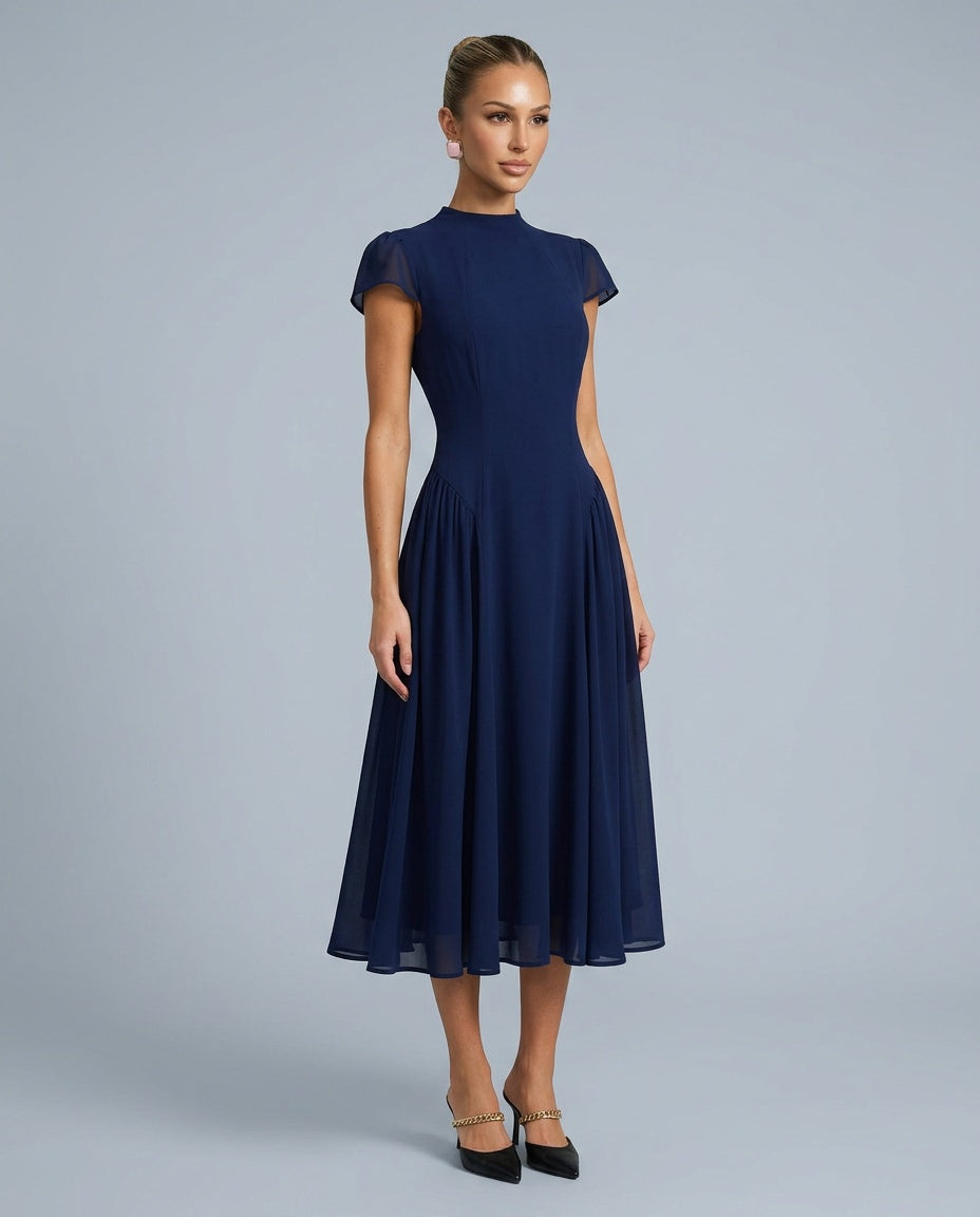 Anouk | Puffed Sleeve Blue Midi Dress