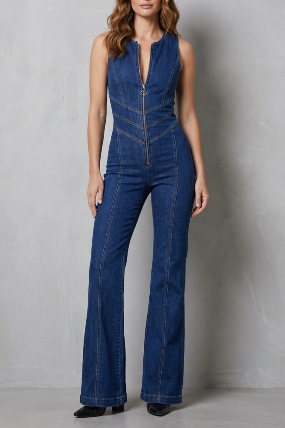 Rivazze | Zip-Front Sculpted Denim Jumpsuit