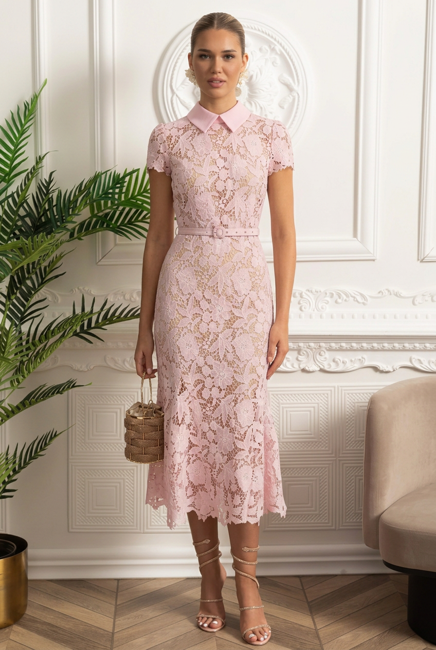 Rosalie | Floral Lace Collared Belted Midi Dress