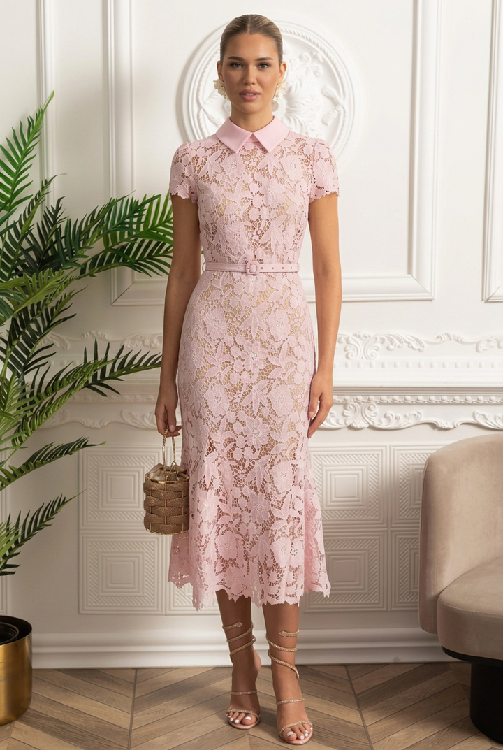Rosalie | Floral Lace Collared Belted Midi Dress