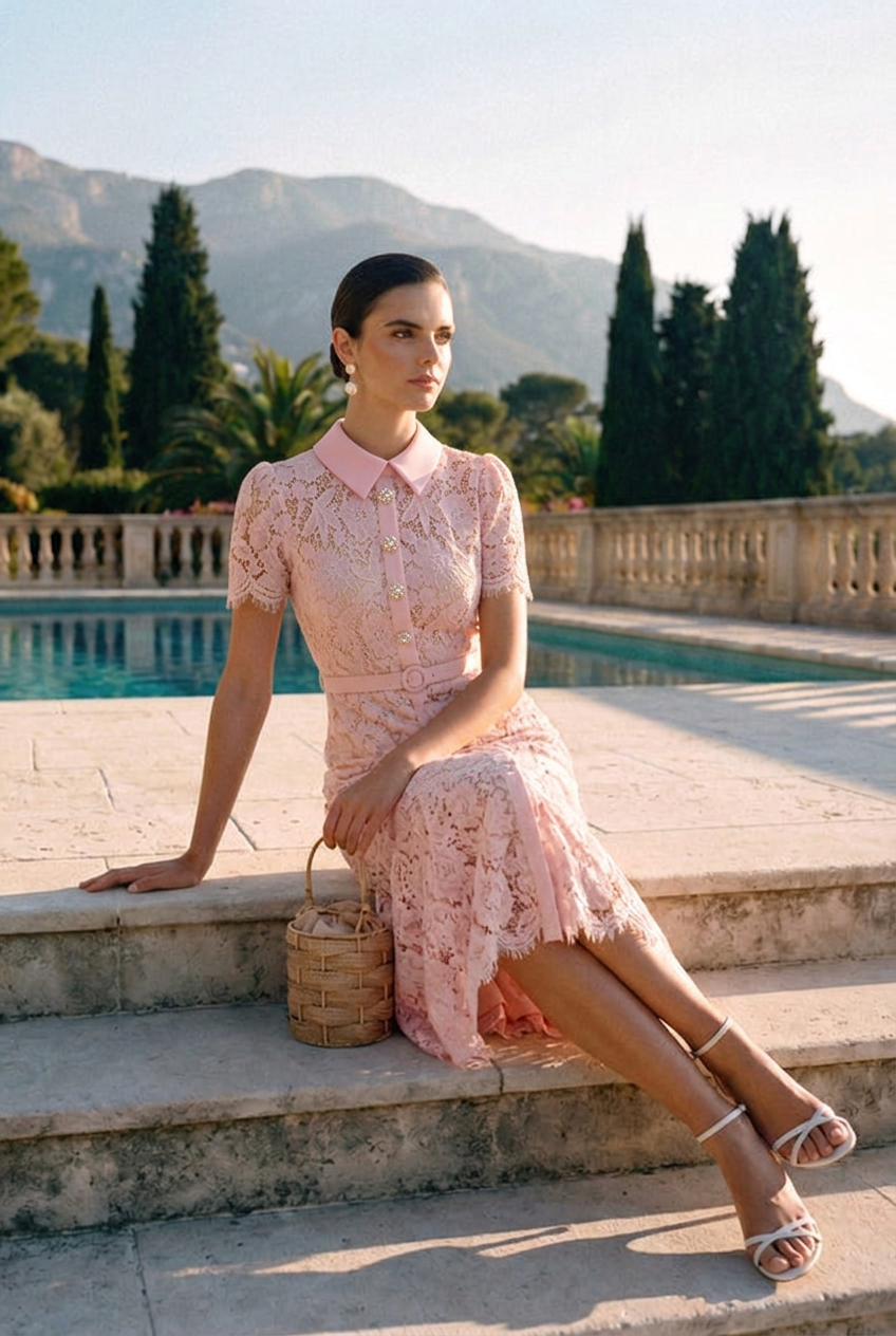 Rosalie | Floral Lace Collared Belted Midi Dress