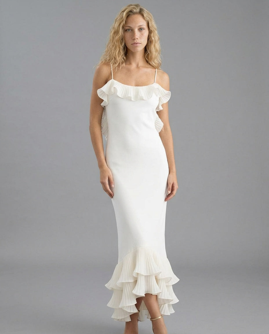 Opal | Pleated Ruffle Stretch Jersey Midi Dress