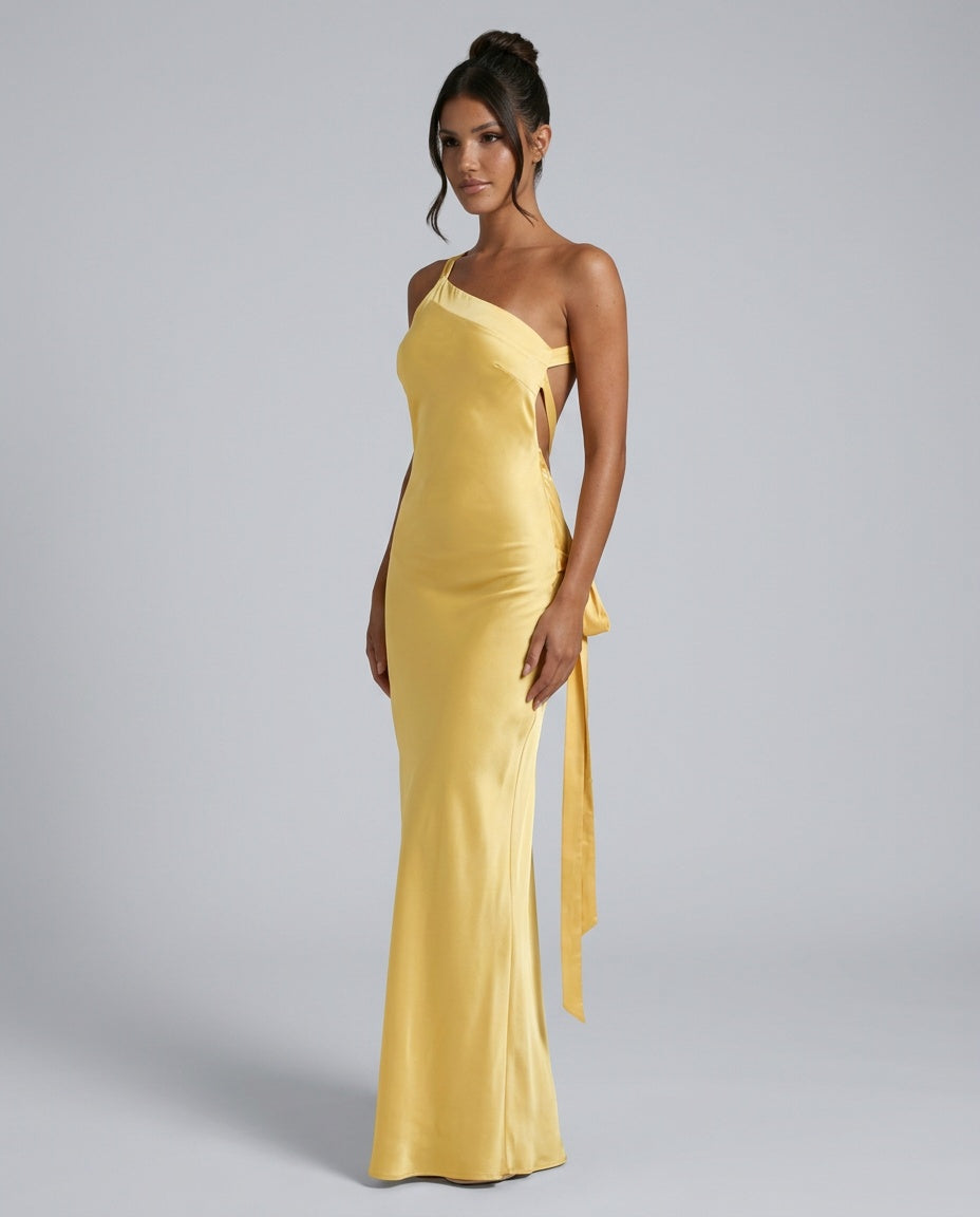 Mira | Semi-Sheer One Shoulder Satin Maxi Dress