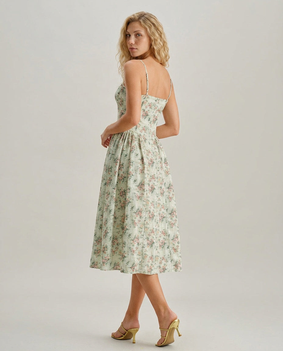 Camille | Floral Sweetheart Pleated Slip Midi Dress