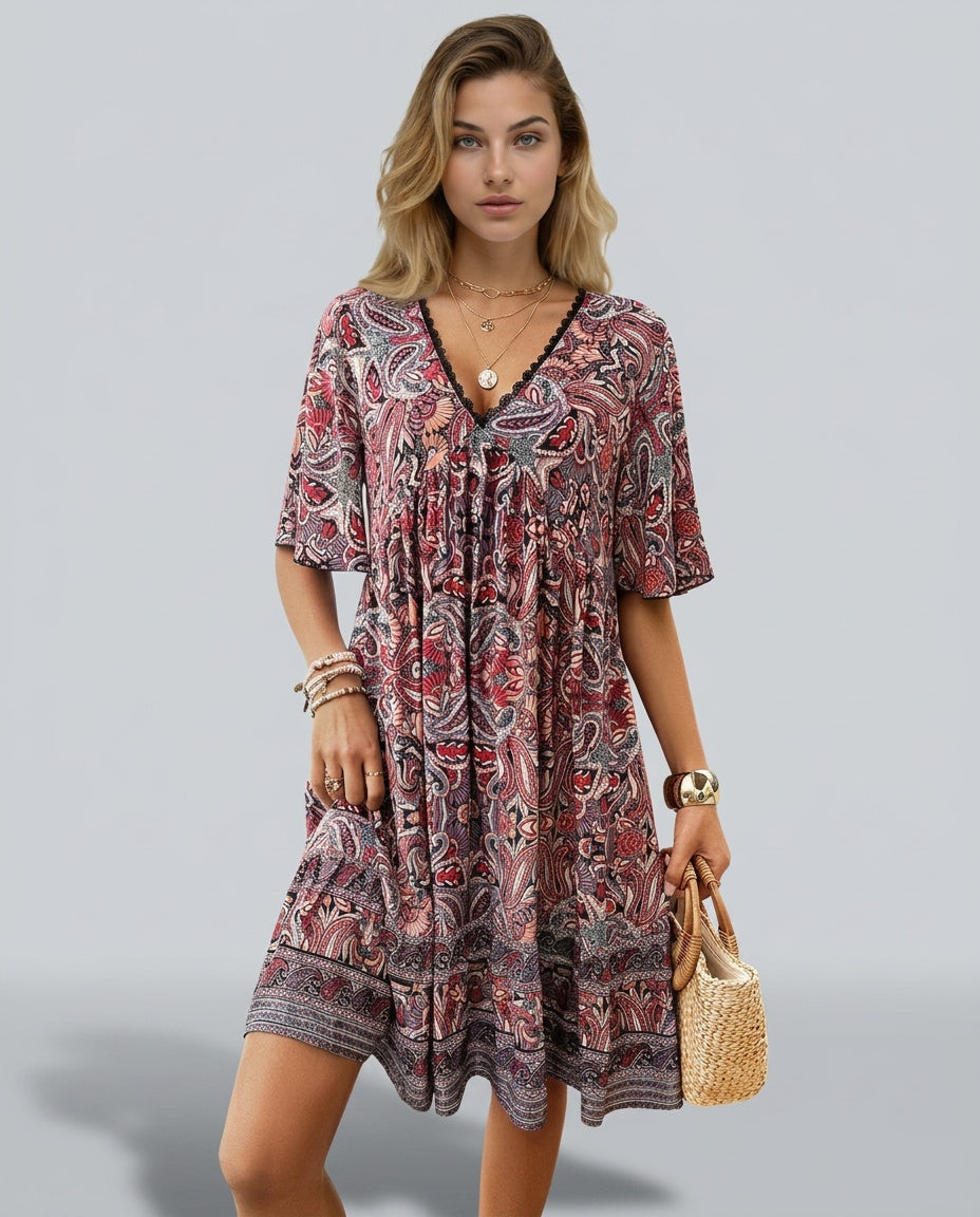 Giselle | V-Neck Flared Sleeve Paisley Mini Dress