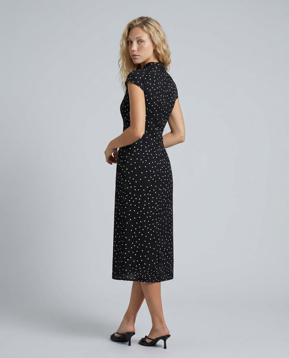 Noor | Mandarin Collar Polka Dot Midi Dress