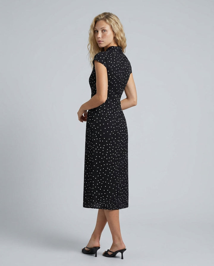 Noor | Mandarin Collar Polka Dot Midi Dress