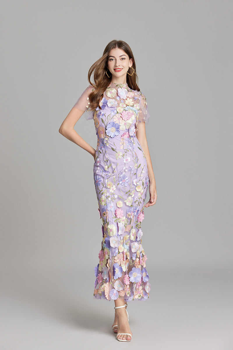 Sabine | 3D Floral Appliqué Wedding Guest Midi Dress