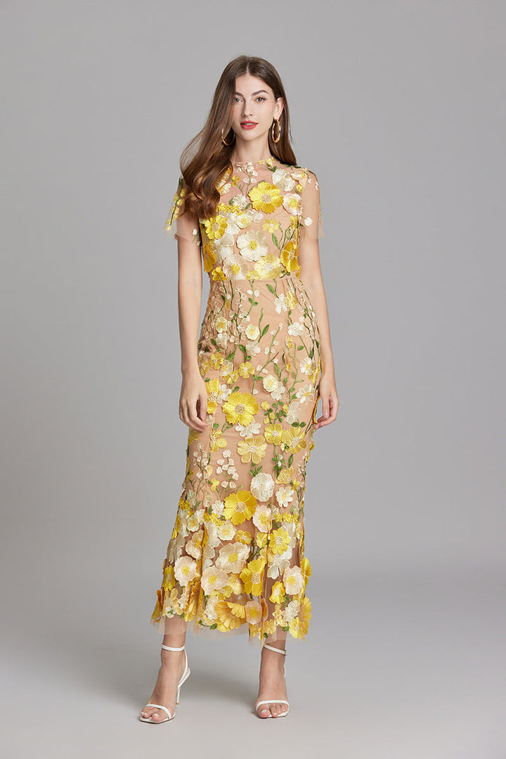Sabine | 3D Floral Appliqué Wedding Guest Midi Dress