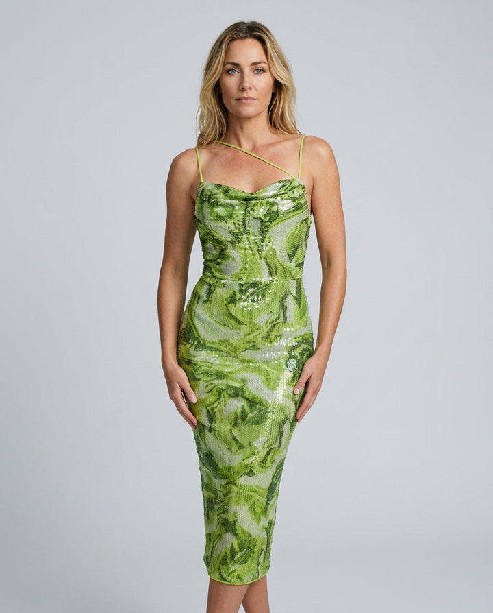 Romy | Sequin Abstract Print Slit Midi Dress